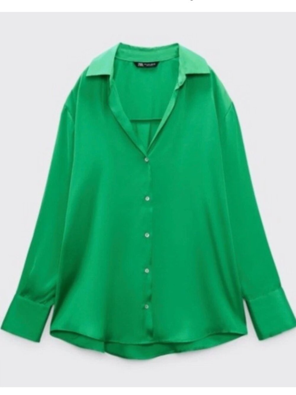 Zara Womens Green Satin Flowy Button Up Shirt Oversized Long Sleeve